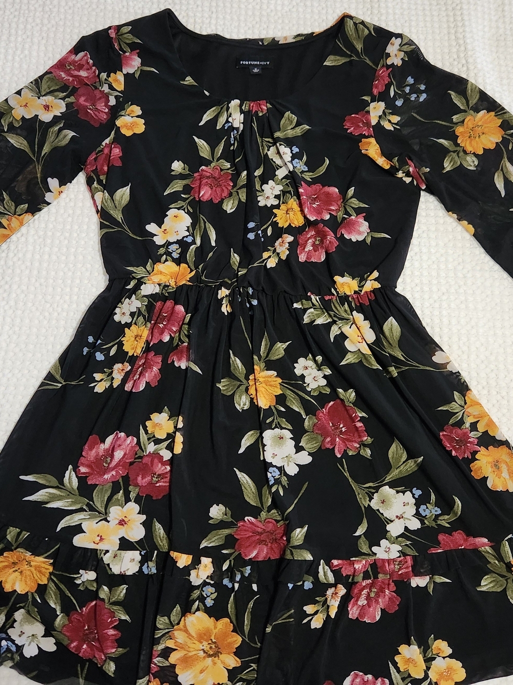 Forever 21 Black Floral Midi Dress with Red & Yellow Blooms